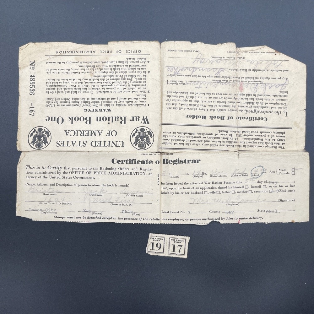 WWII OPA Ration Book 1 Child Jack Bristow Age 4 Ponca City OK w Stamps 1063